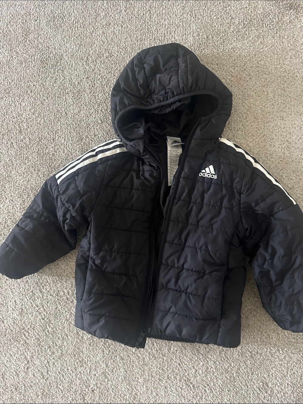 adidas Black Kids Hooded Puffer Jacket with White Stripes
